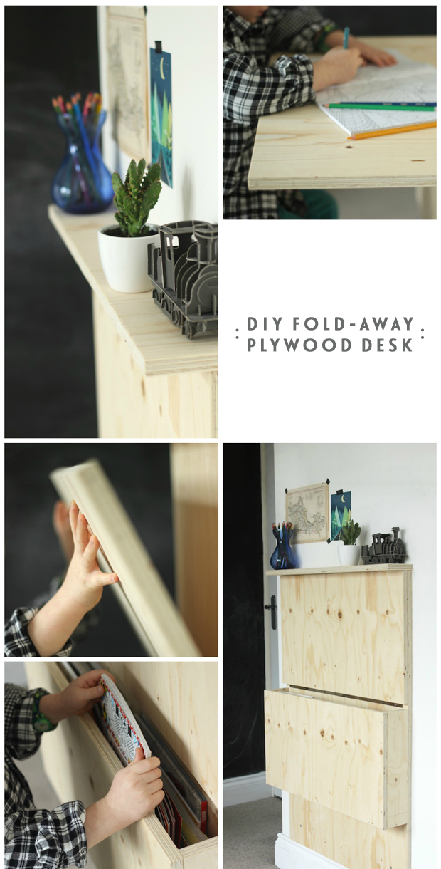 DIY plywood desk collage with text
